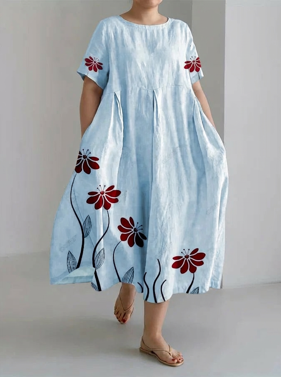 Women's Retro Botanical Floral Design Printed Casual Loose Dress - Plus size model