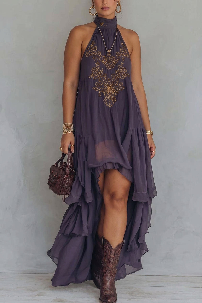 Callie - Boho Deep Purple Halter Embroidered Asymmetrical Dress - Plus size model