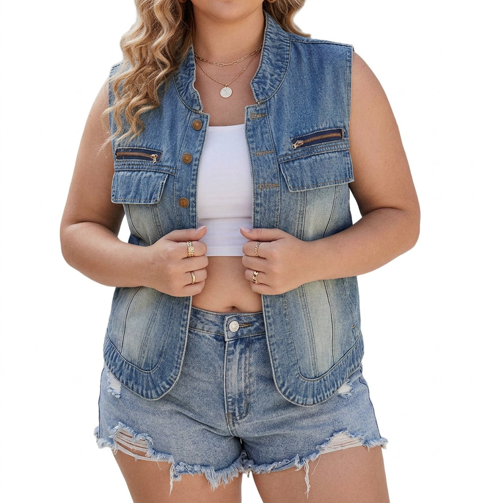 Charlotte Denim Jacket Vest - Plus size model