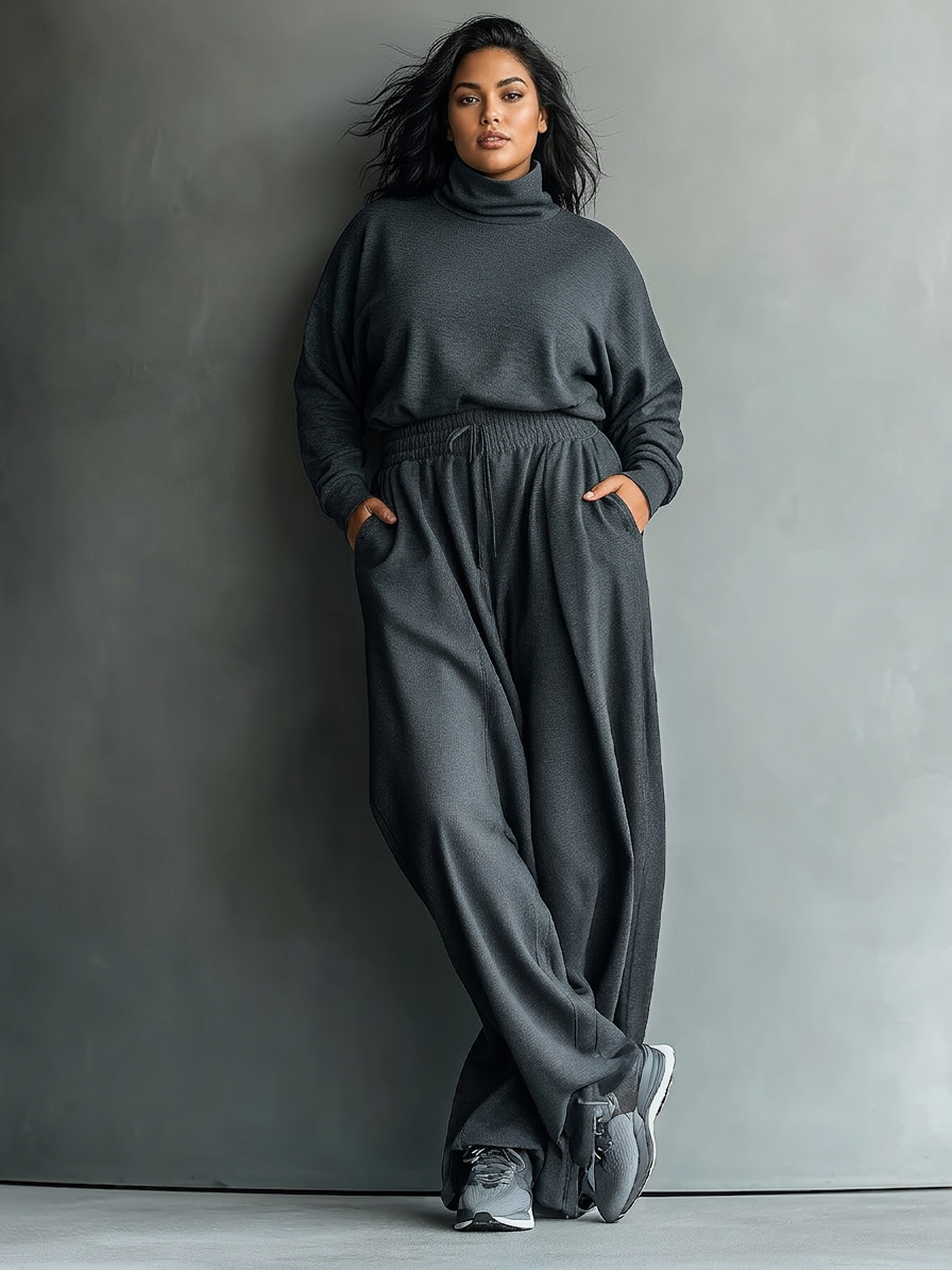 Women's Charcoal Knit Set with High Neck and Wide Leg Pants - Plus size model