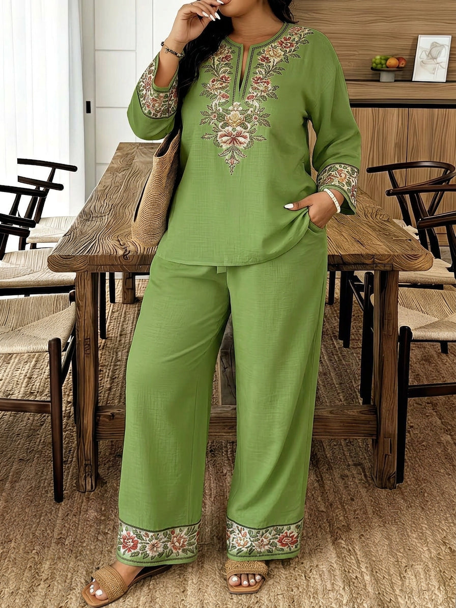 Women's Embroidered Two-Piece Lounge Set - Plus size model