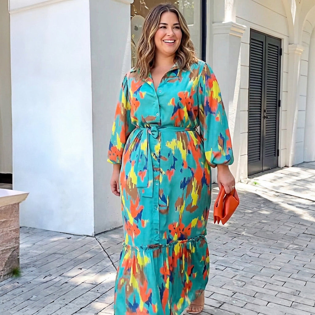 Evelyn Printing Lapel Maxi Dress: Elegant Vintage Flow - Plus size model
