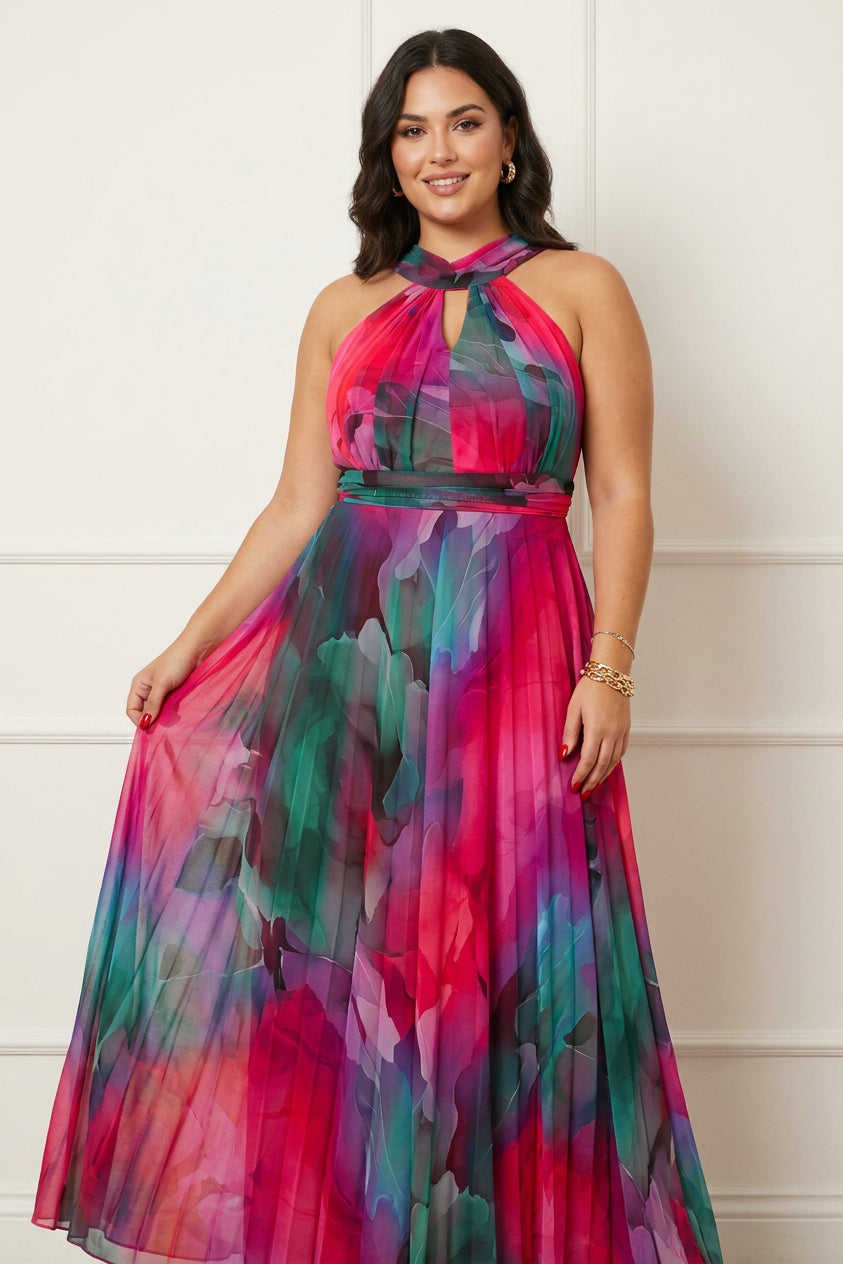 Elaine - Tulle maxi dress with floral print, cut-outs and halterneck - Plus size model