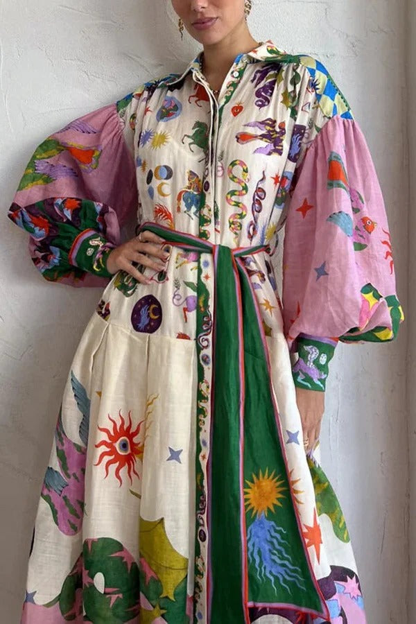 Crystal - Retro French court style pleated maxi print dress