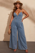 Alina - Vintage Washed Denim Halter Wide-Leg Jumpsuit - Plus size model