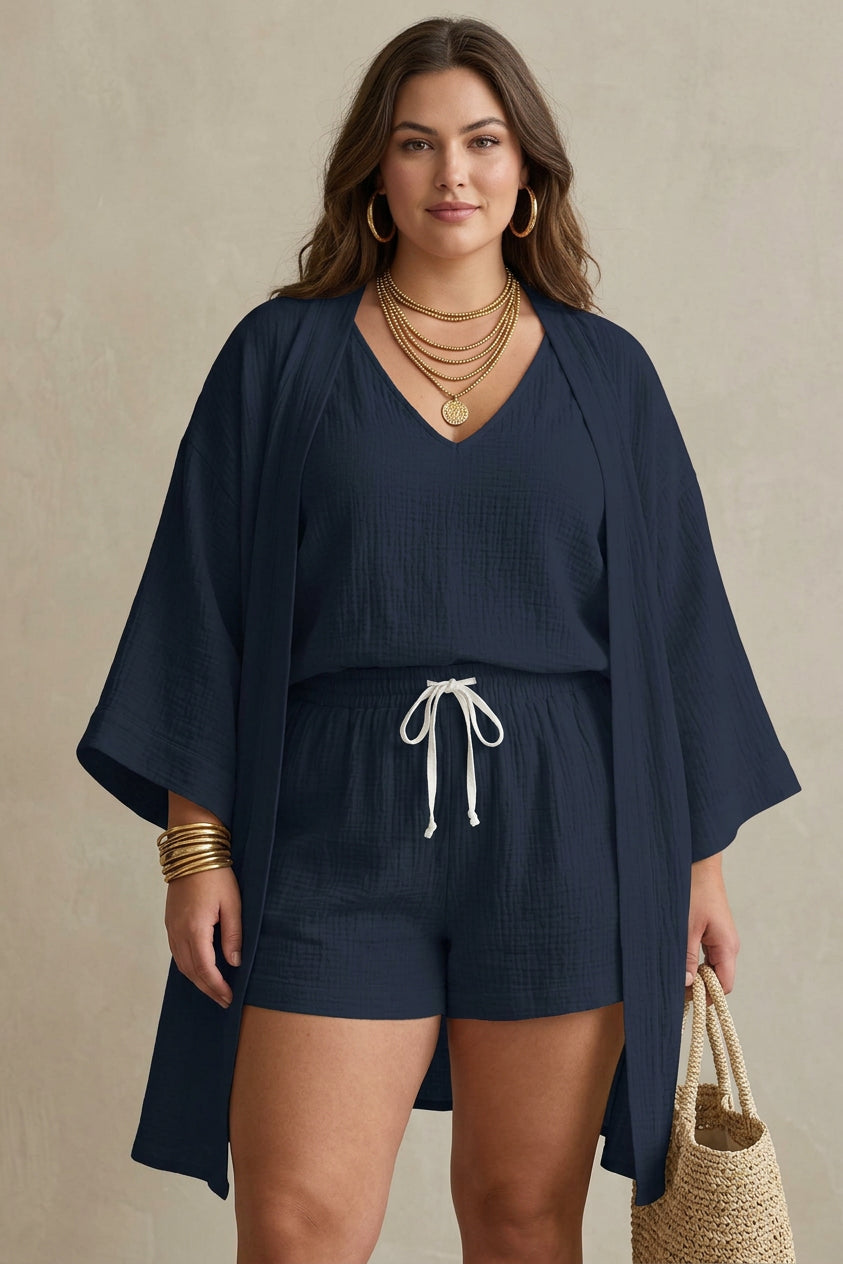 Brooks - Resort-Style V-Neck Tank, Shorts & Kimono Three-Piece Set - Plus size model