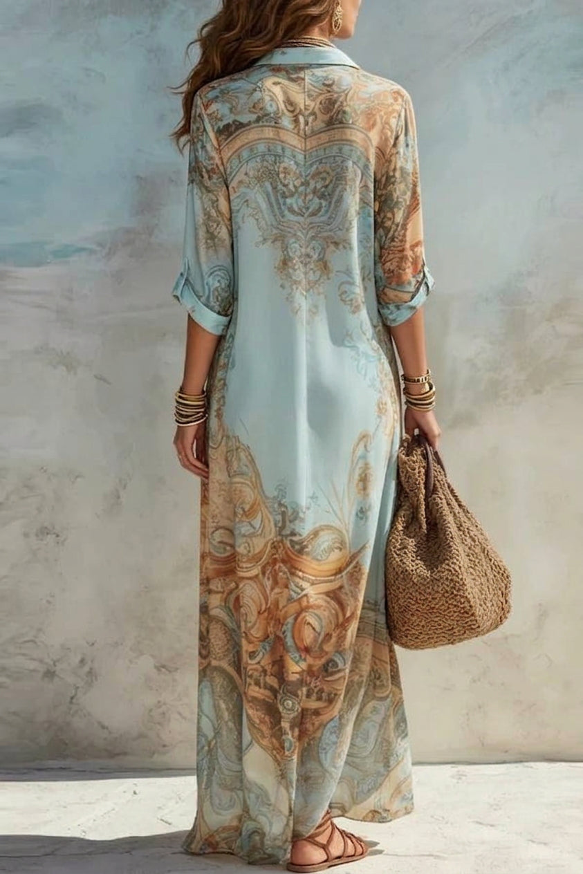 Parker - Blue & Brown Vintage Paisley Print Long Shirt Dress - Plus size model