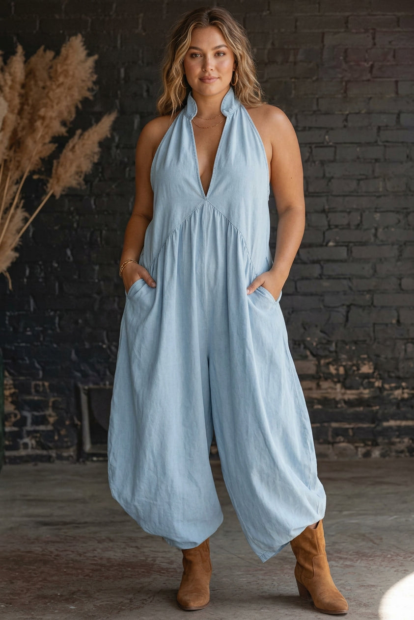 Morgan - Bohemian Halter V-Neck Linen Maxi Dress - Plus size model