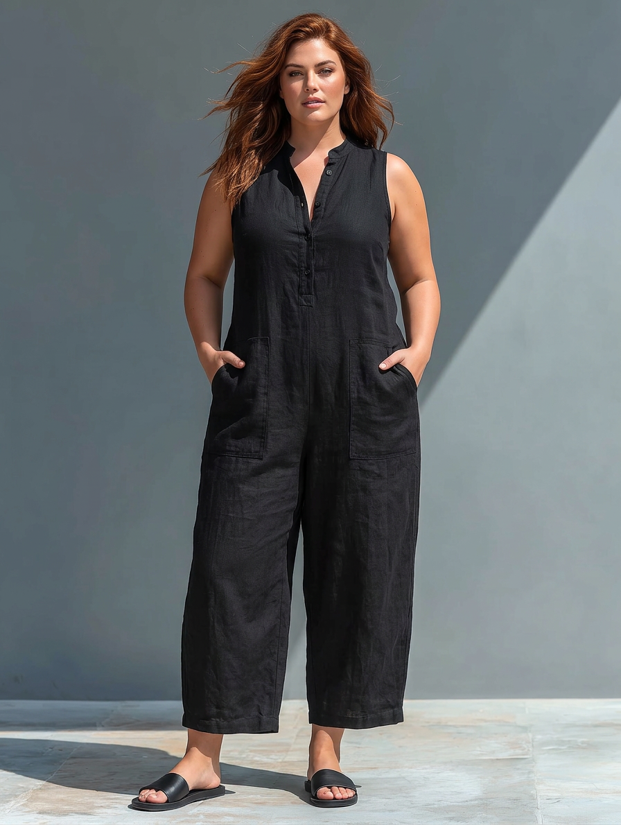 Sleeveless Minimalist Jumpsuit for Women with High Collar and Buttons - Plus size model