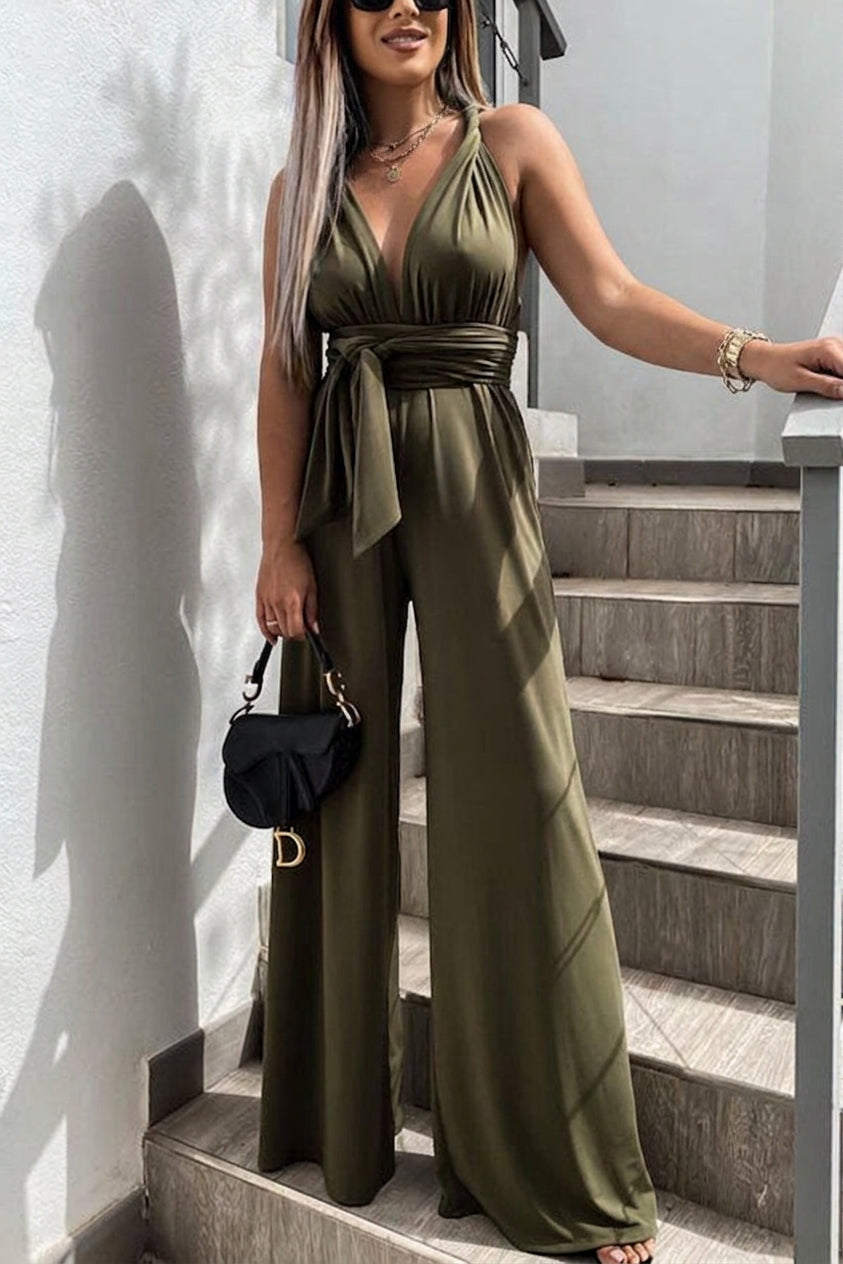 Tessa - Solid Color Slim V Neck Lace Up Sleeveless Jumpsuit - Plus size model