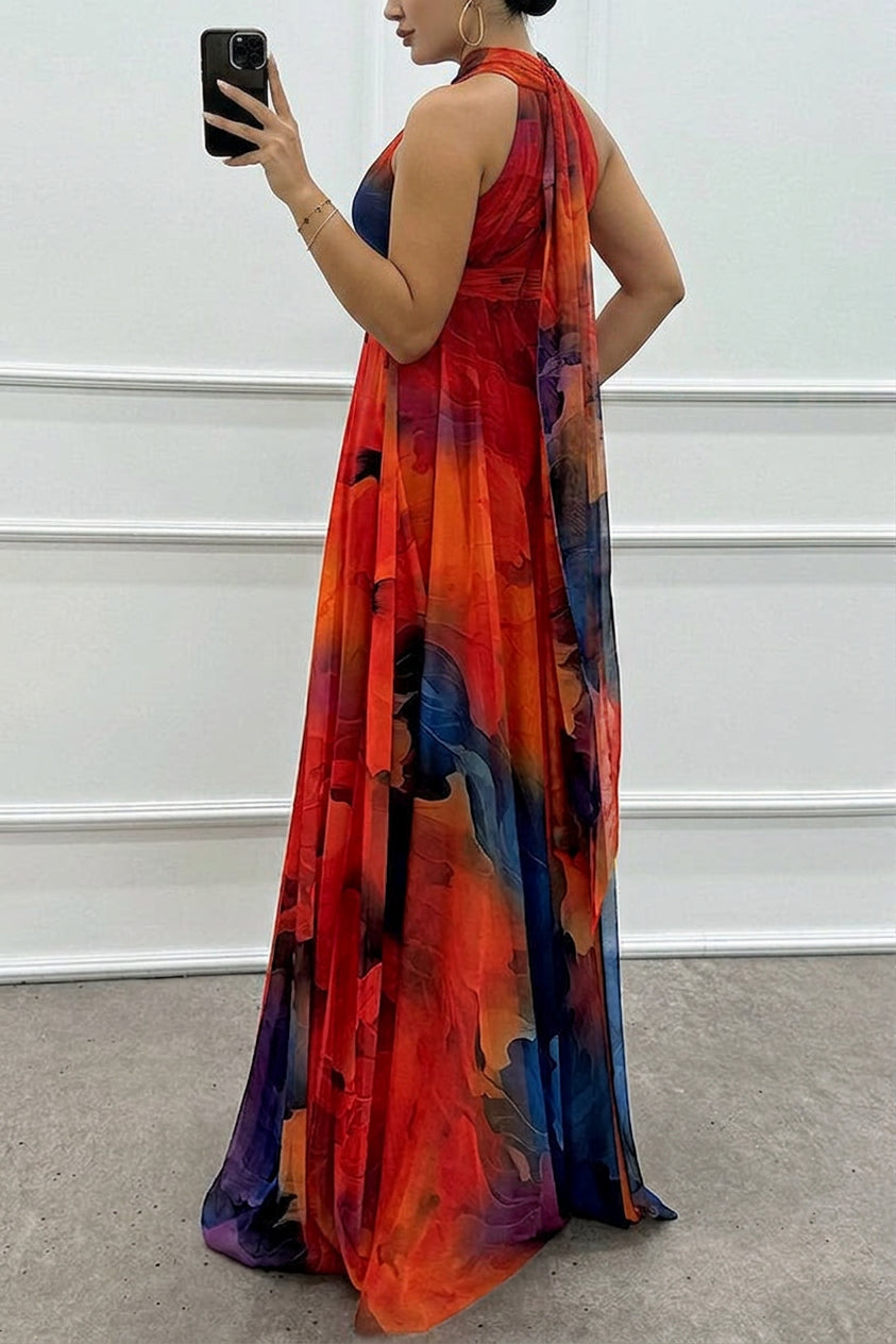 Elaine - Tulle maxi dress with floral print, cut-outs and halterneck - Plus size model