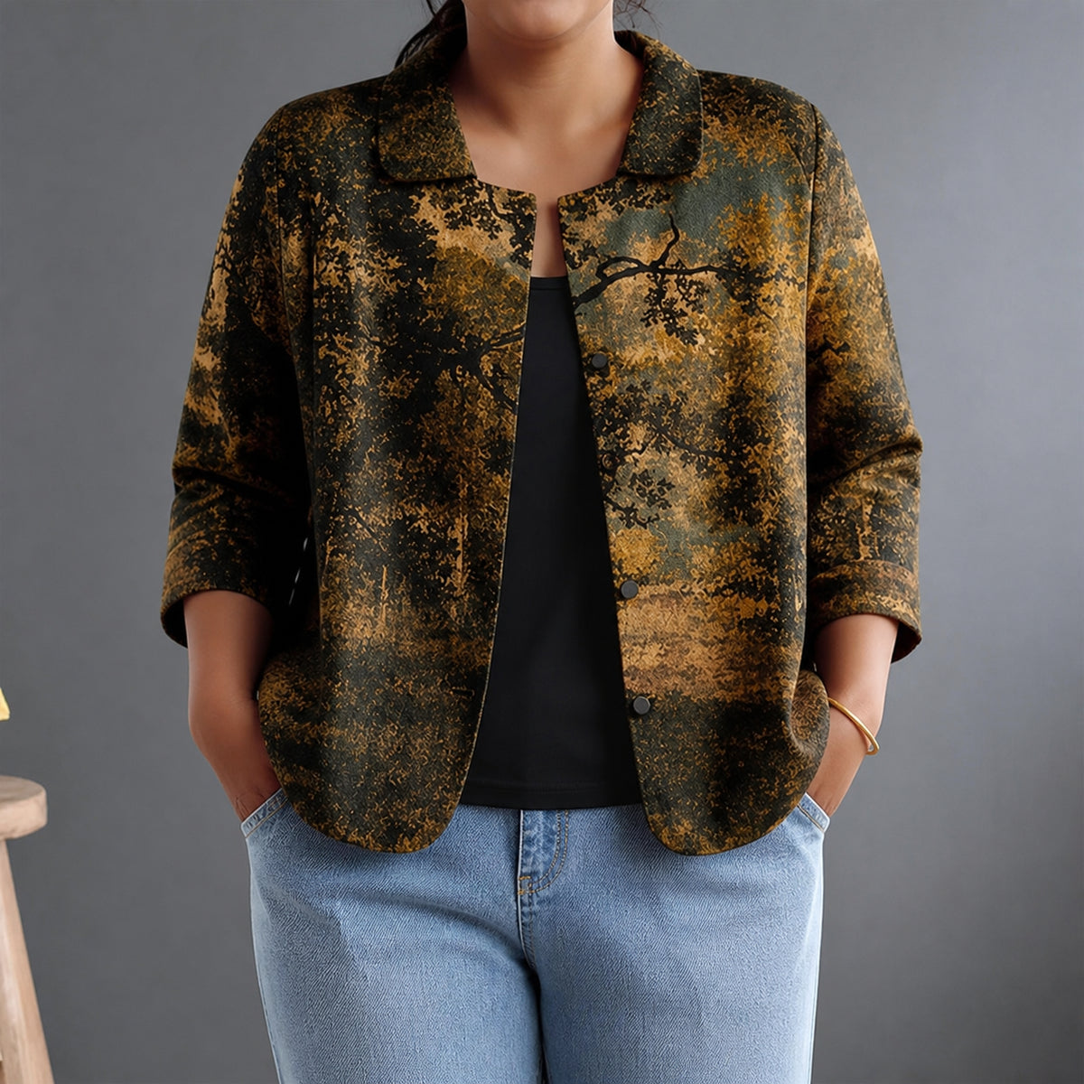 Cynthia | Painterly Forest Print Relaxed Blouse - Plus size model