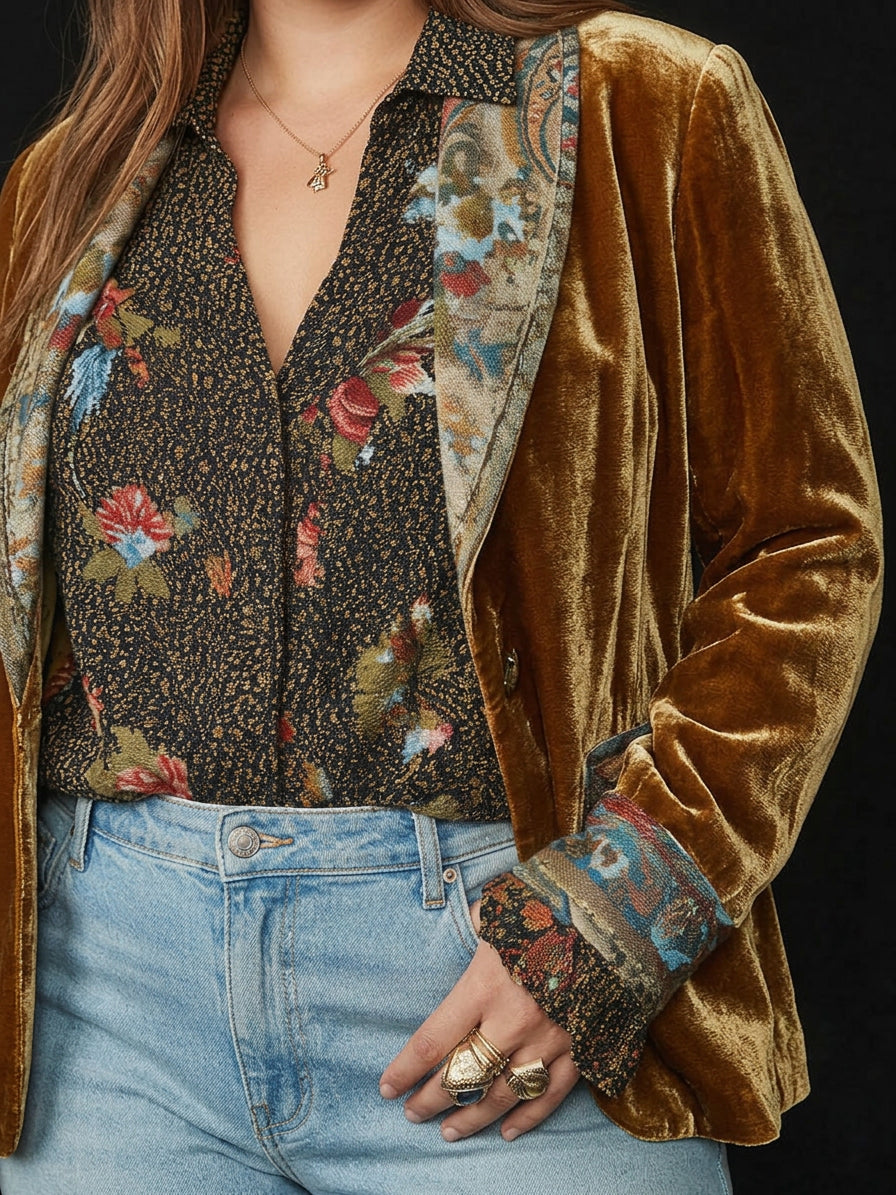 Women’s Vintage Floral Print Patchwork Blazer - Plus size model