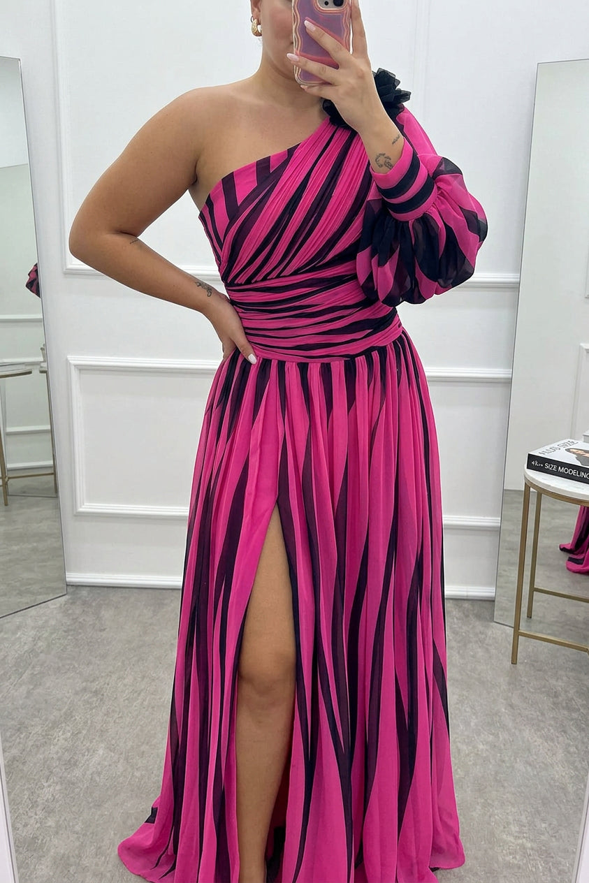 Annalise - One Shoulder Pleated Slit Maxi Dress - Plus size model