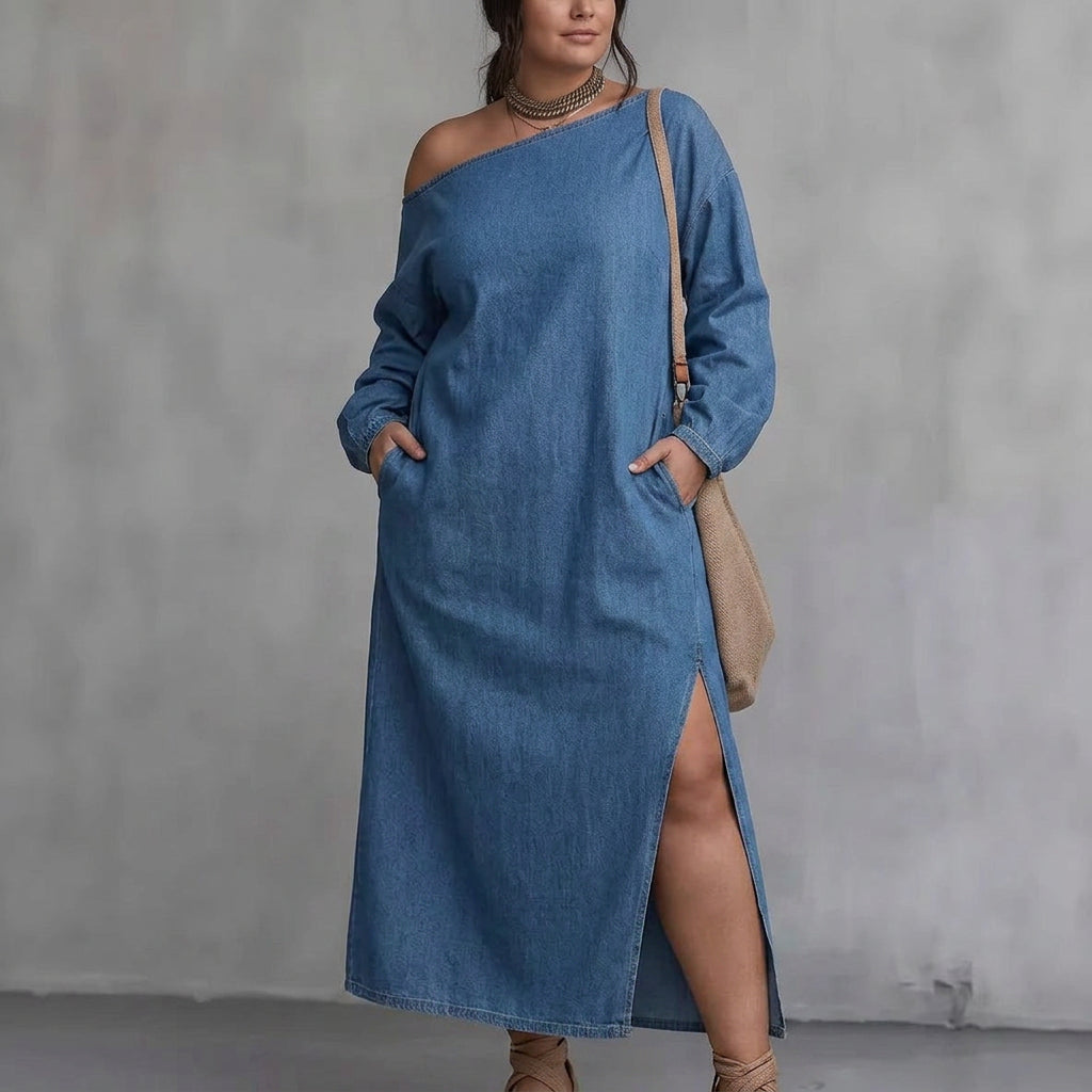 Selene Off-Shoulder Slit Dress: Modern Minimalist Elegance - Plus size model