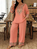 Women's Embroidered Two-Piece Lounge Set - Plus size model