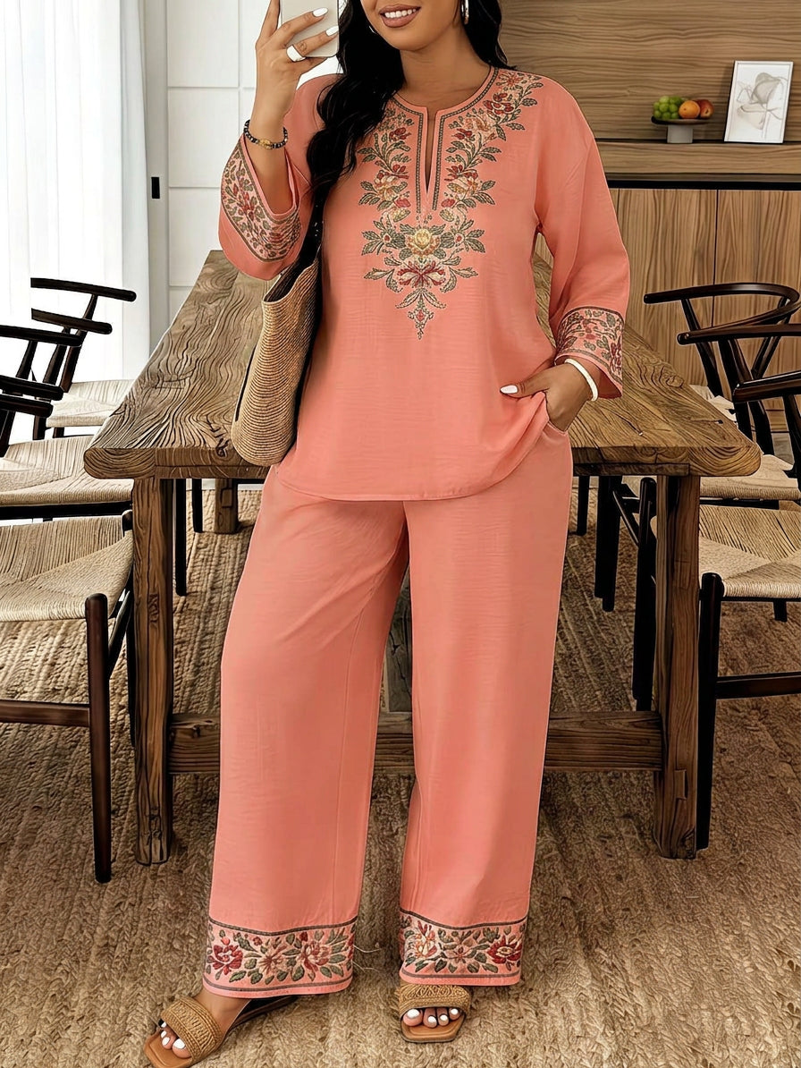 Women's Embroidered Two-Piece Lounge Set - Plus size model