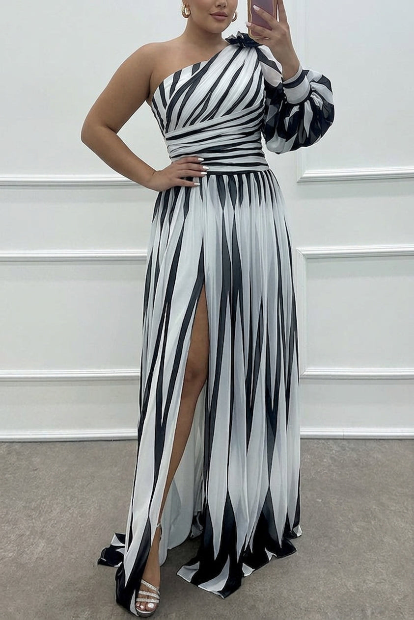 Annalise - One Shoulder Pleated Slit Maxi Dress - Plus size model