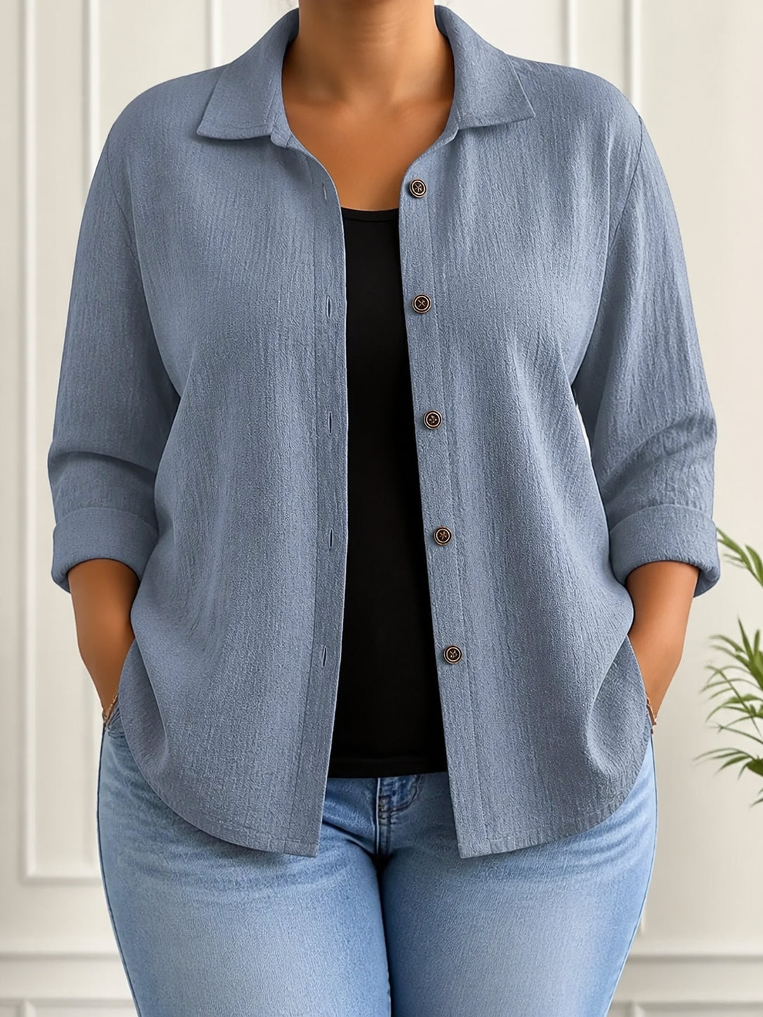 Sharon | Relaxed Crinkled Button-Front Blouse - Plus size model