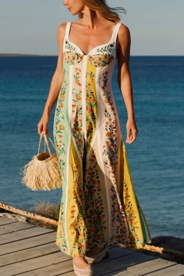 Andrea - Sweet Garden Linen Blend Color Block Floral Paneled Maxi Dress