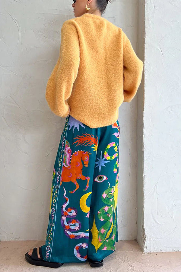 Pierson - Linen Blend Unique Print Elastic Waist Pocketed Wide Leg Pants