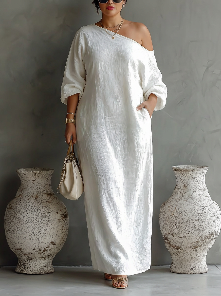 Elegant Flowing Dress in Ivory White with Off-Shoulder - Plus size model