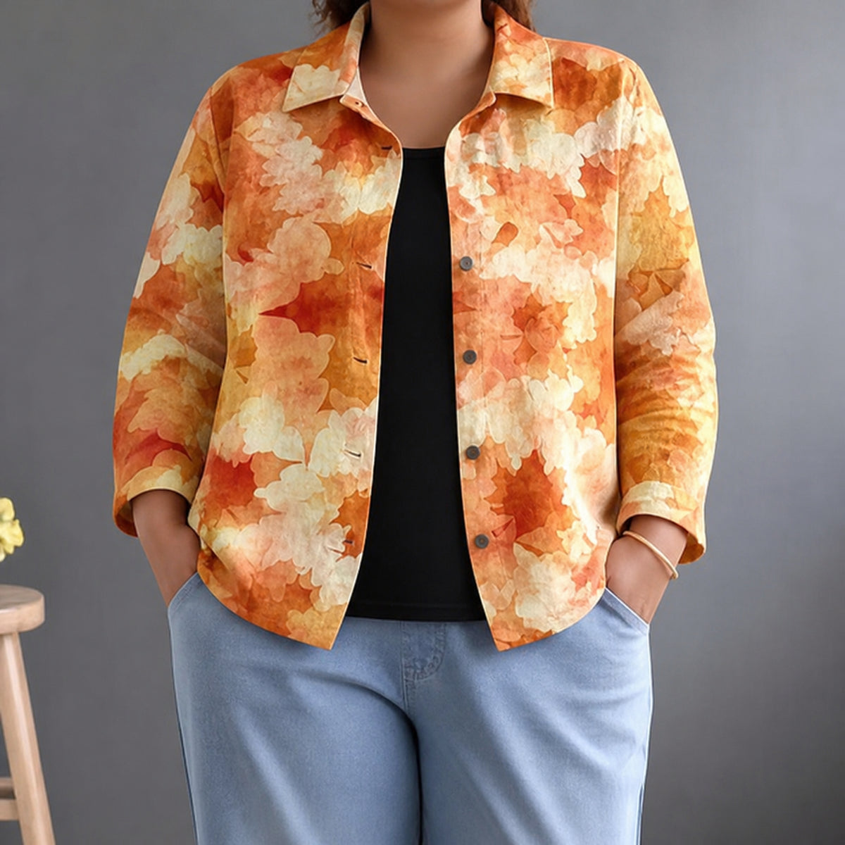 Catherine | Watercolour Leaf Print Relaxed Blouse - Plus size model