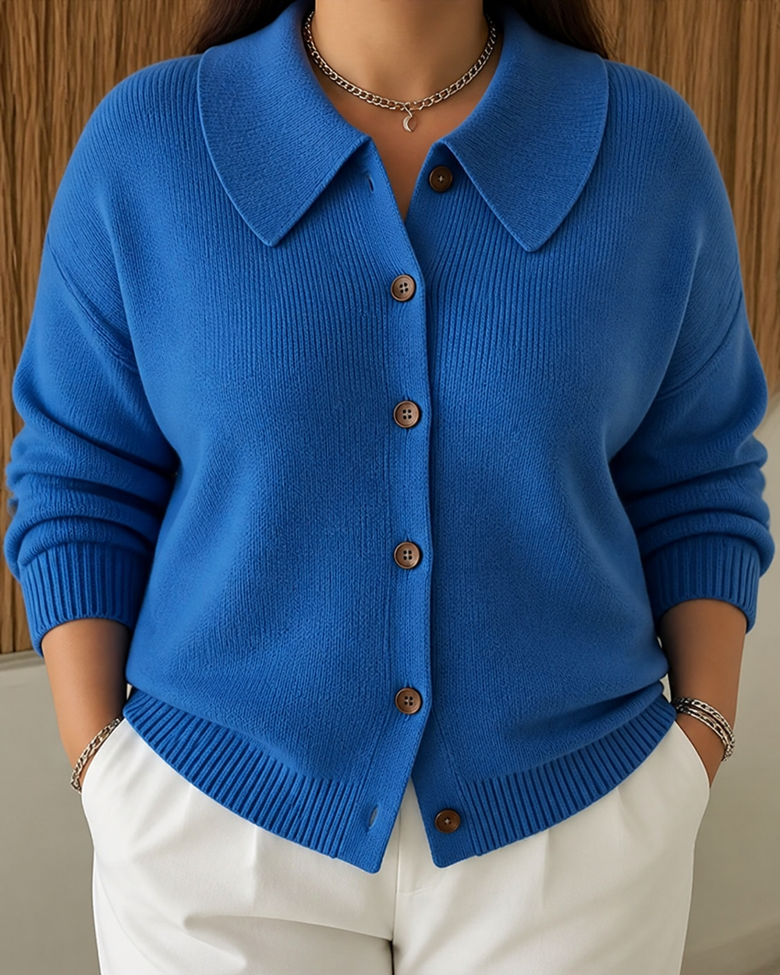 Vespera | Button Collar Cardigan - Plus size model