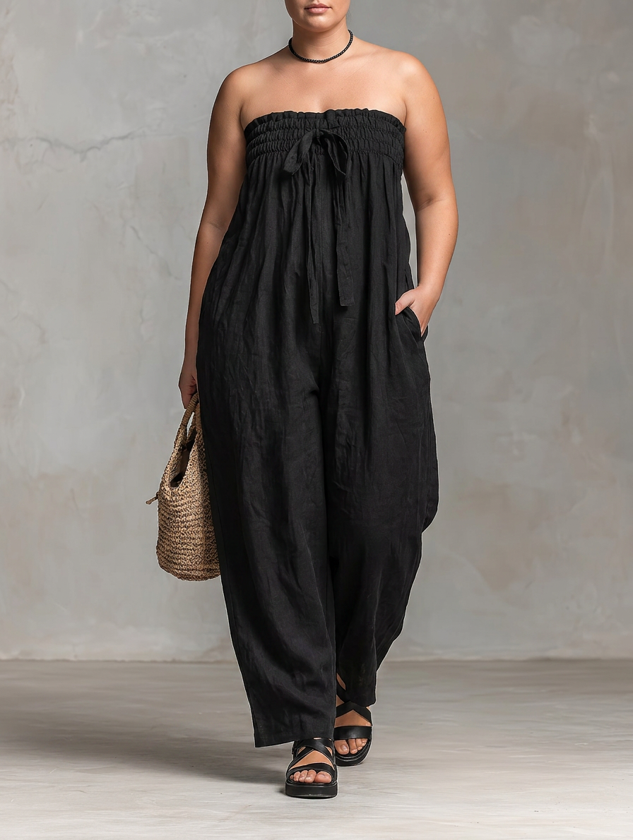 Elizabeth - Loose-Fit Linen-Blend Strapless Jumpsuit - Plus size model