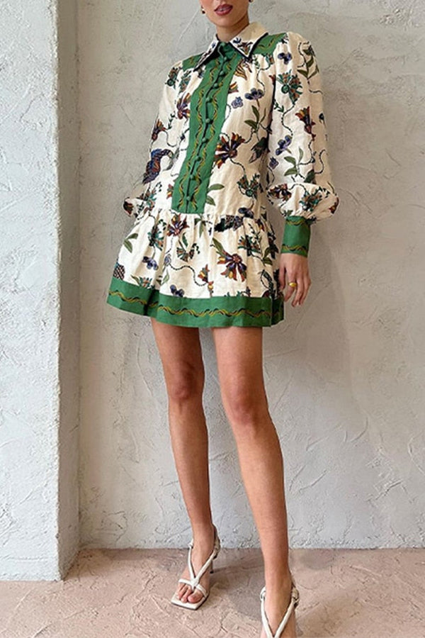 Lauren - Celebrate Everyday Unique Print Color Match Balloon Sleeve Shirt Mini Dress