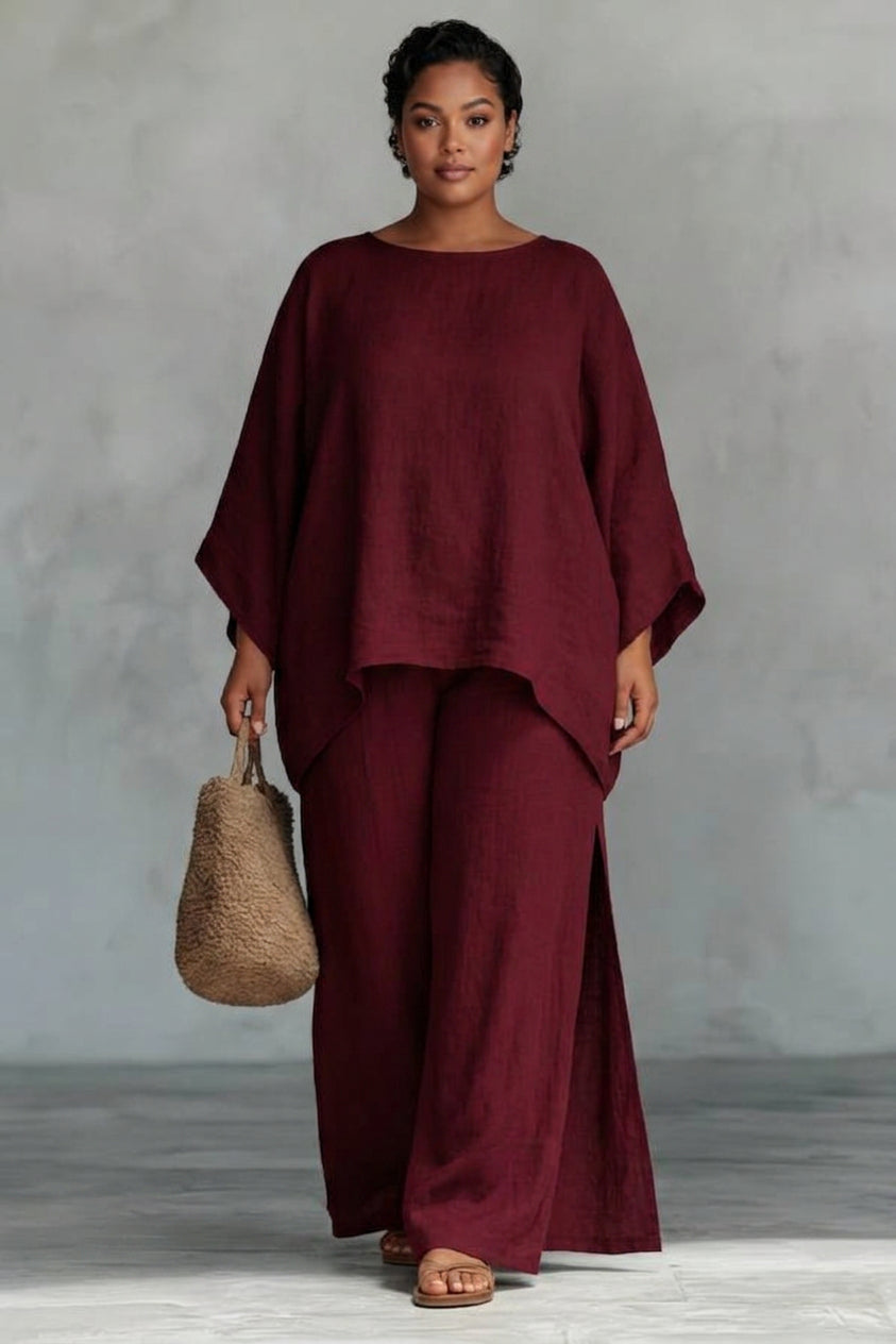 Briar - Linen-Style Oversized Top + Slit Wide-Leg Pants Set - Plus size model