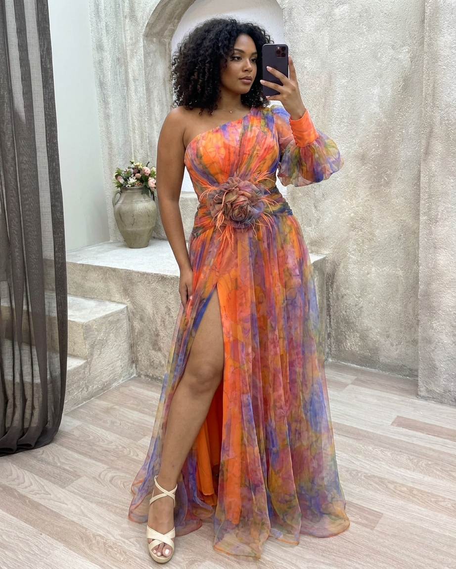Cecelia - Dress with one sleeve - Plus size model