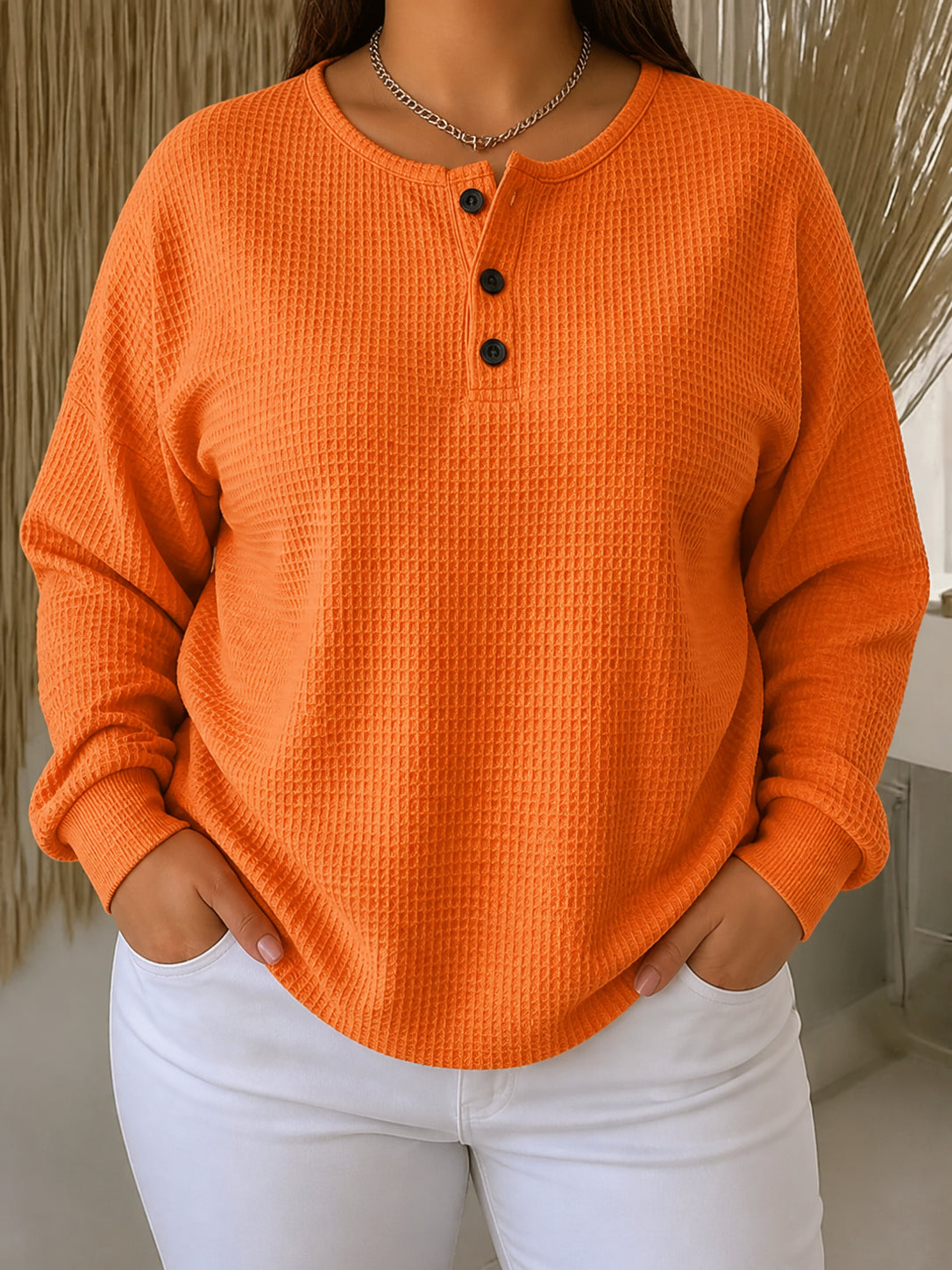 Mirabel | Cozy Waffle Henley Sweatshirt - Plus size model