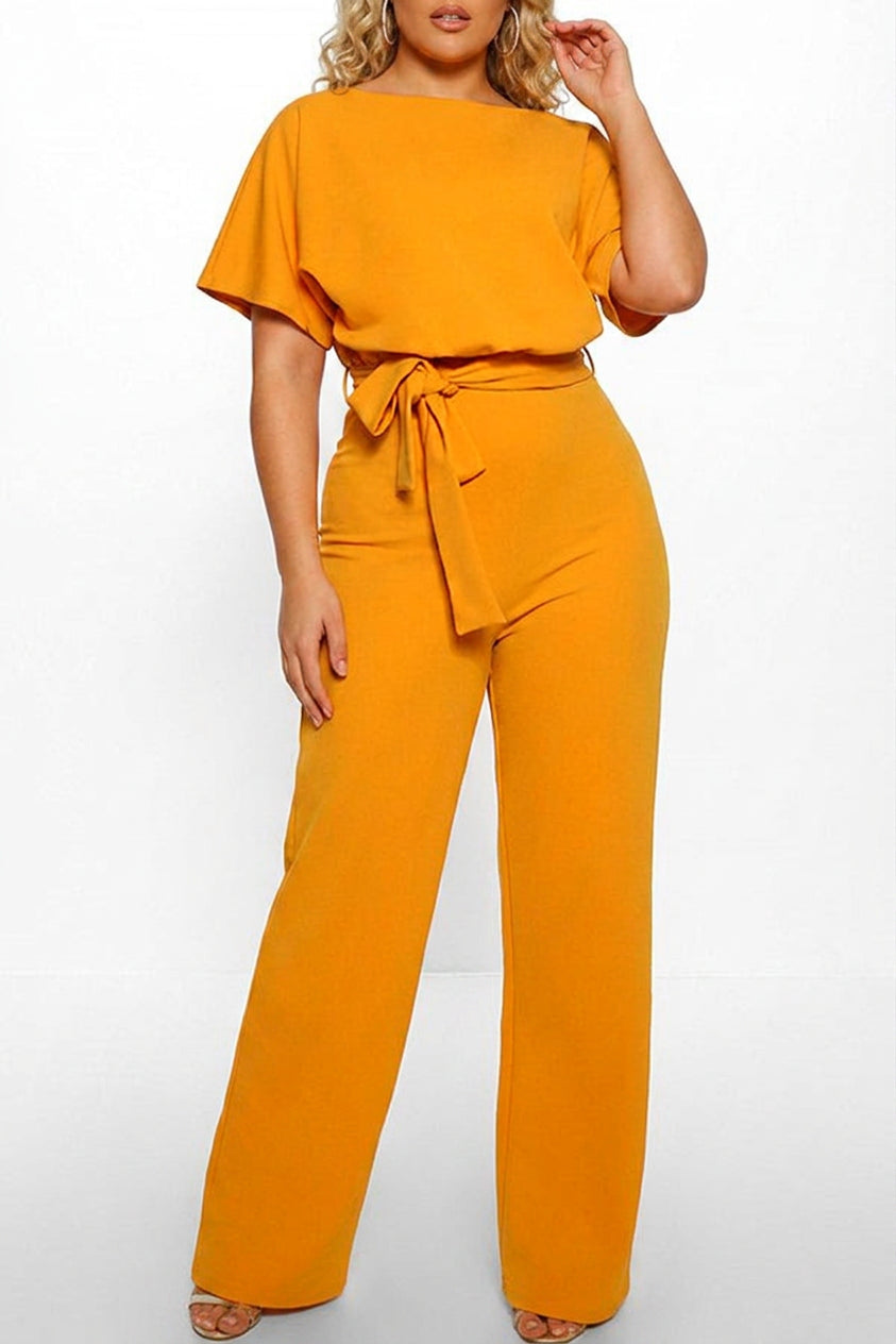 Delaney - Summer button tie short sleeved Jumpsuit - Plus size model