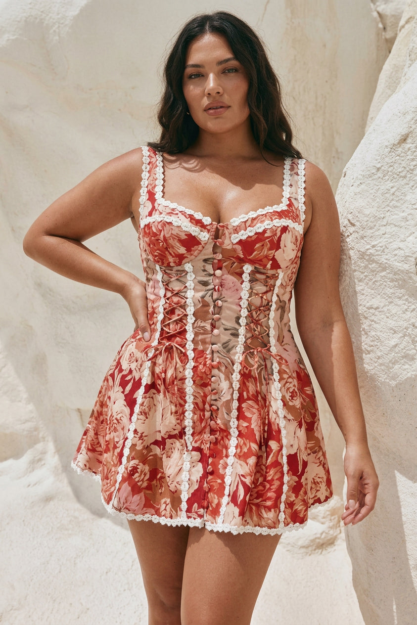 Pierce - Vintage Floral Print Lace Trim Corset Style Mini Dress - Plus size model