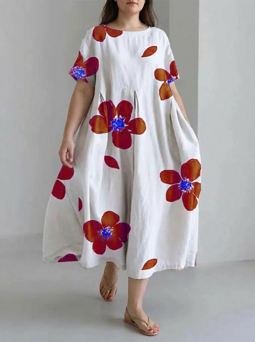 Women's spring and summer casual loose round neck floral skirt dress - Plus size model