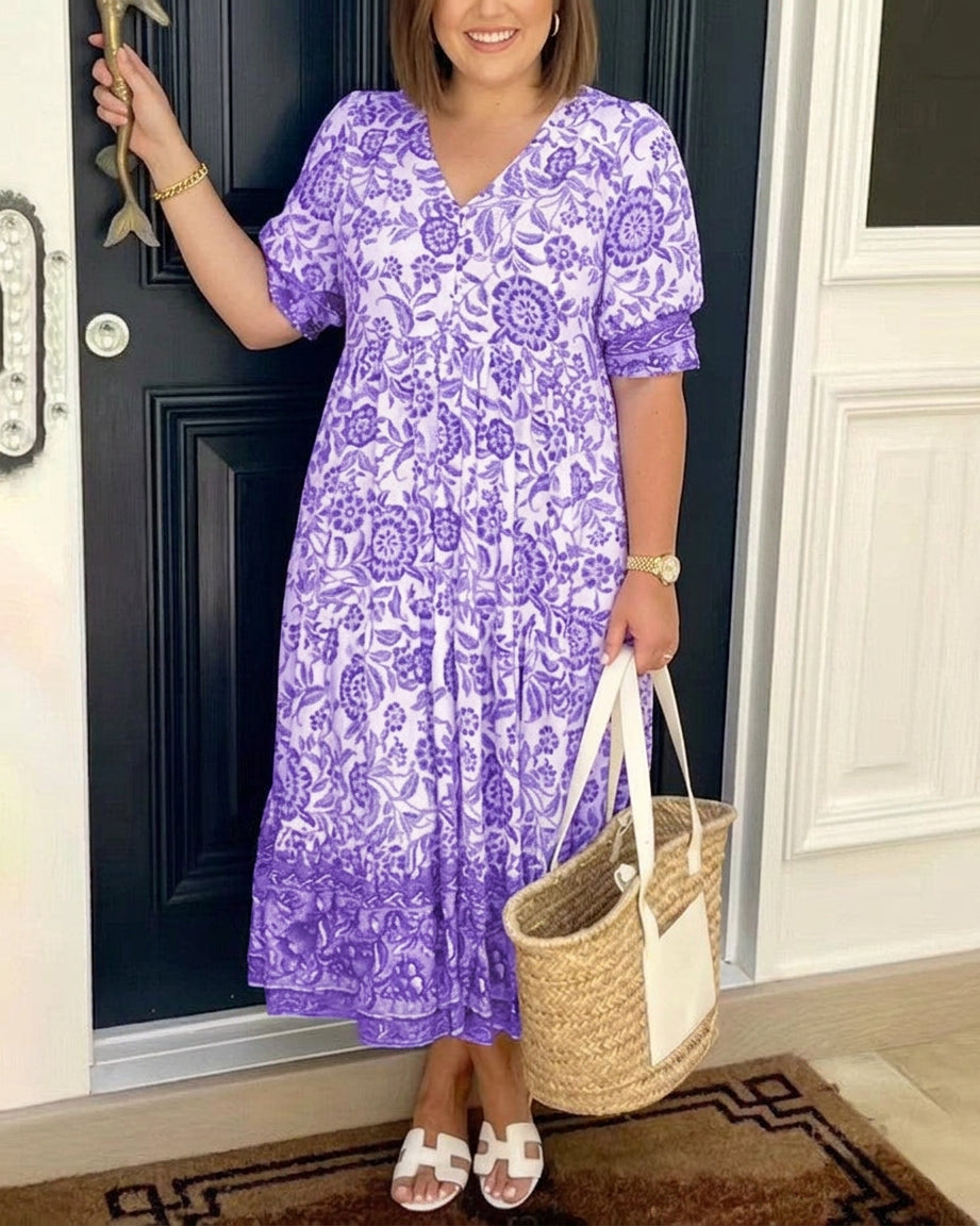 Ellie | Graceful V-Neck Floral Dress - Plus size model