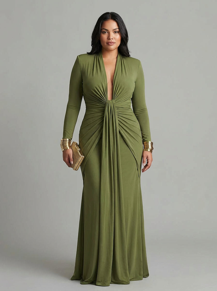 Olive Green Long Dress in Stretch Silk with Deep V-Neck and Ruffled Details, Glamour Maxi Dress - Plus size model