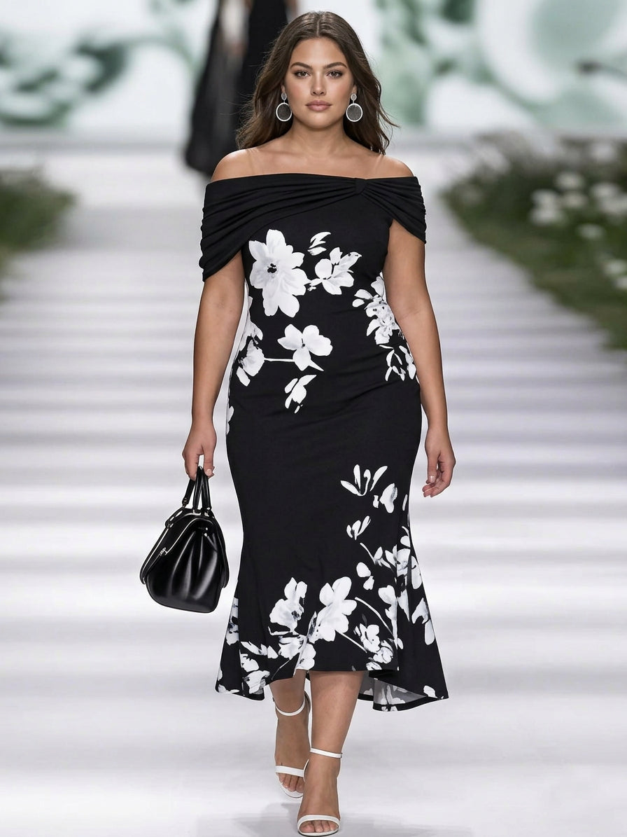 Frederique | Elegant Floral Print Dress - Plus size model