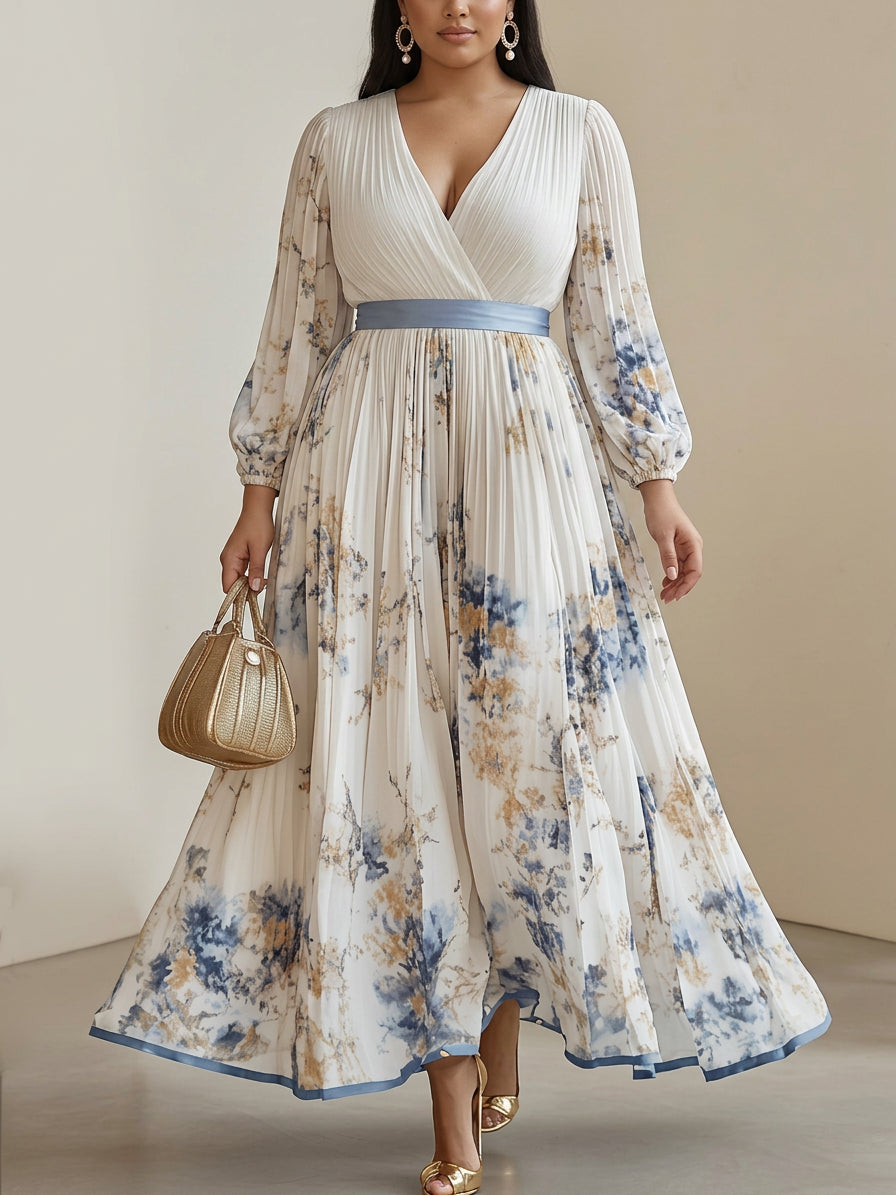 Amalia | White Floral Chiffon Balloon Sleeve Maxi Dress - Plus size model