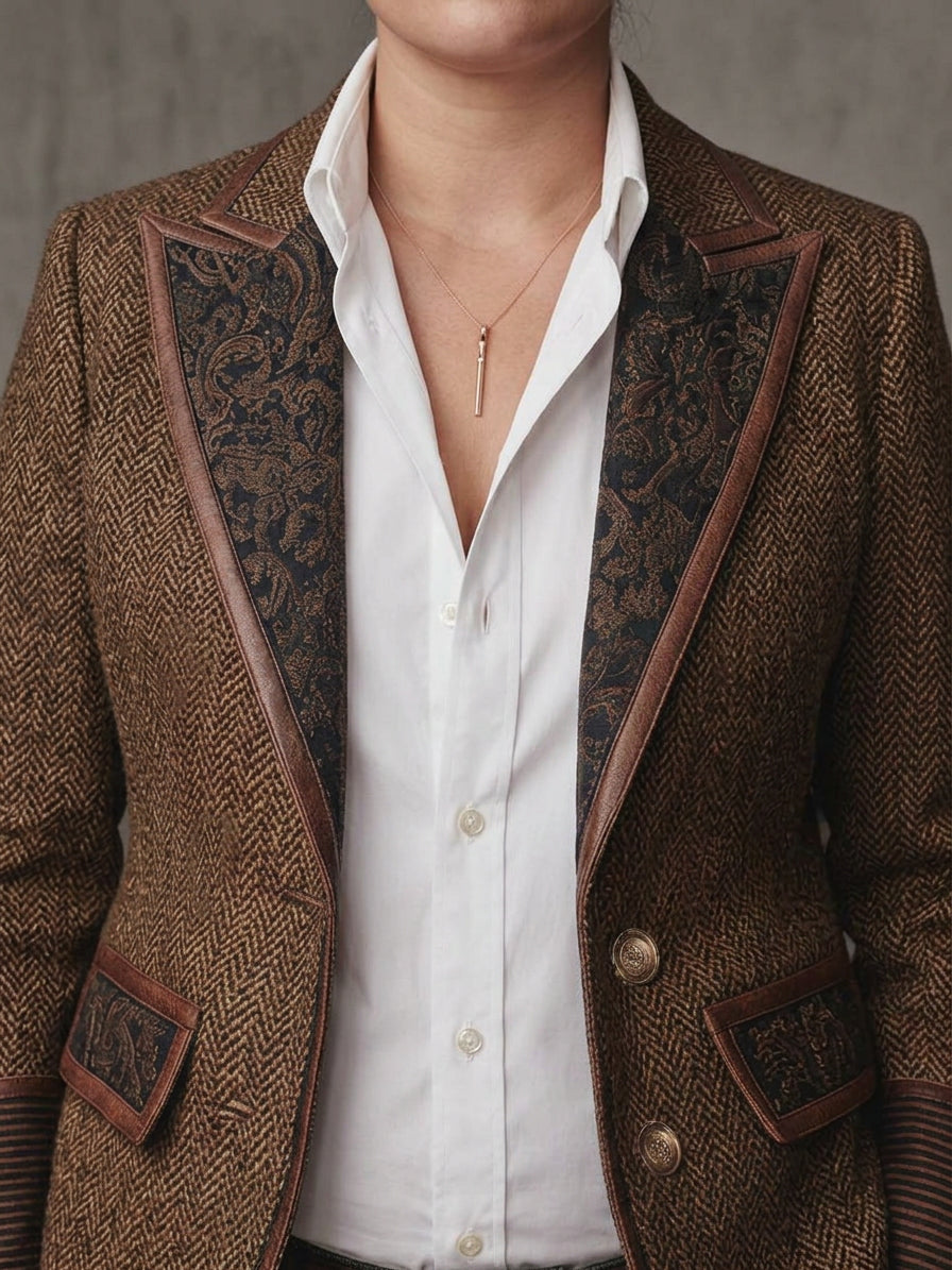 Women's Herringbone Printed Panel Blazer - Plus size model