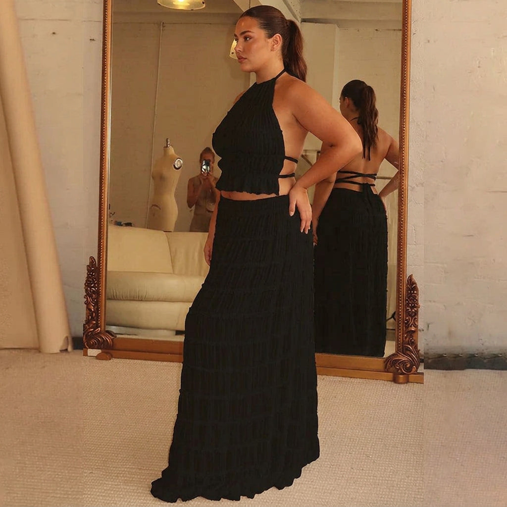 Marina | Ruched Halter Crop Top & Maxi Skirt Set - Plus size model