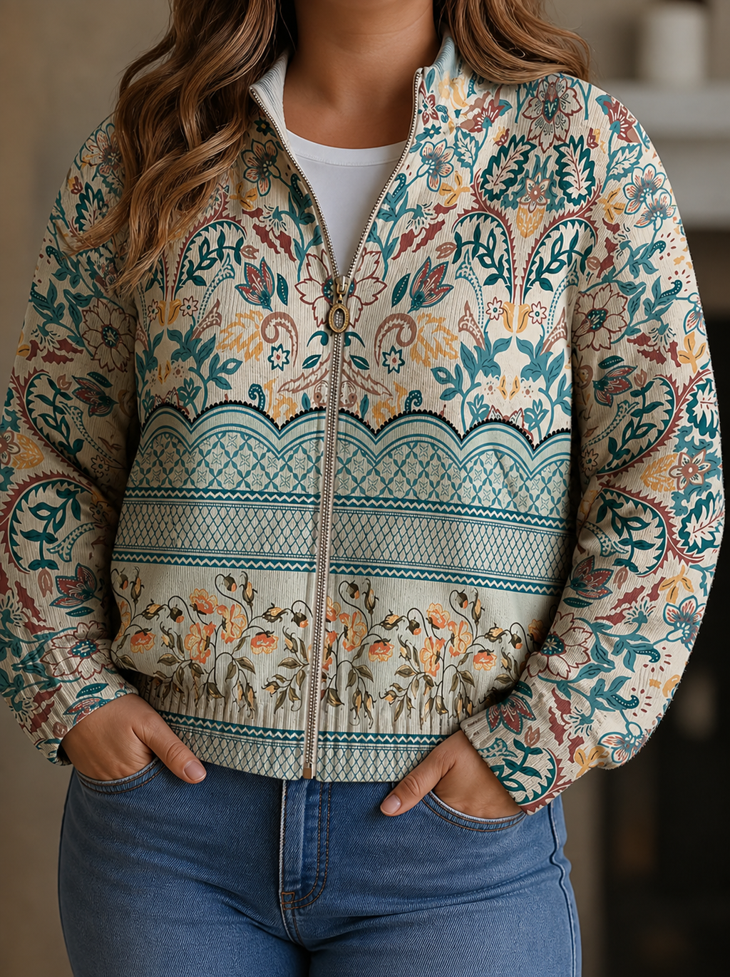 Cynthia | Botanical Print Zip Cardigan - Plus size model