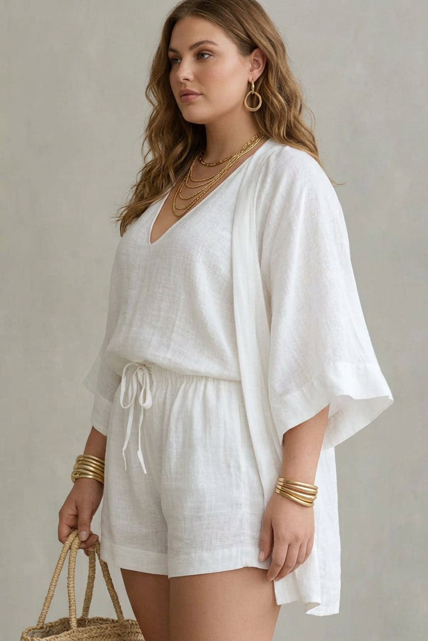 Brooks - Resort-Style V-Neck Tank, Shorts & Kimono Three-Piece Set - Plus size model