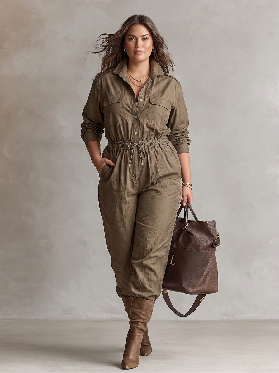 Ashley - Collar Button Jumpsuit - Plus size model