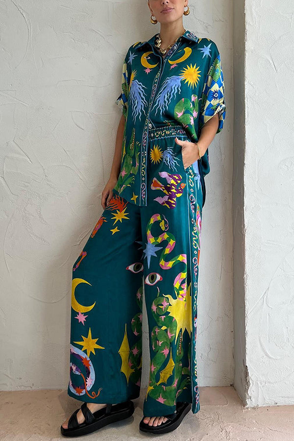 Pierson - Linen Blend Unique Print Elastic Waist Pocketed Wide Leg Pants