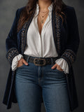 Women’s Vintage Navy Embroidered Longline Jacket - Plus size model