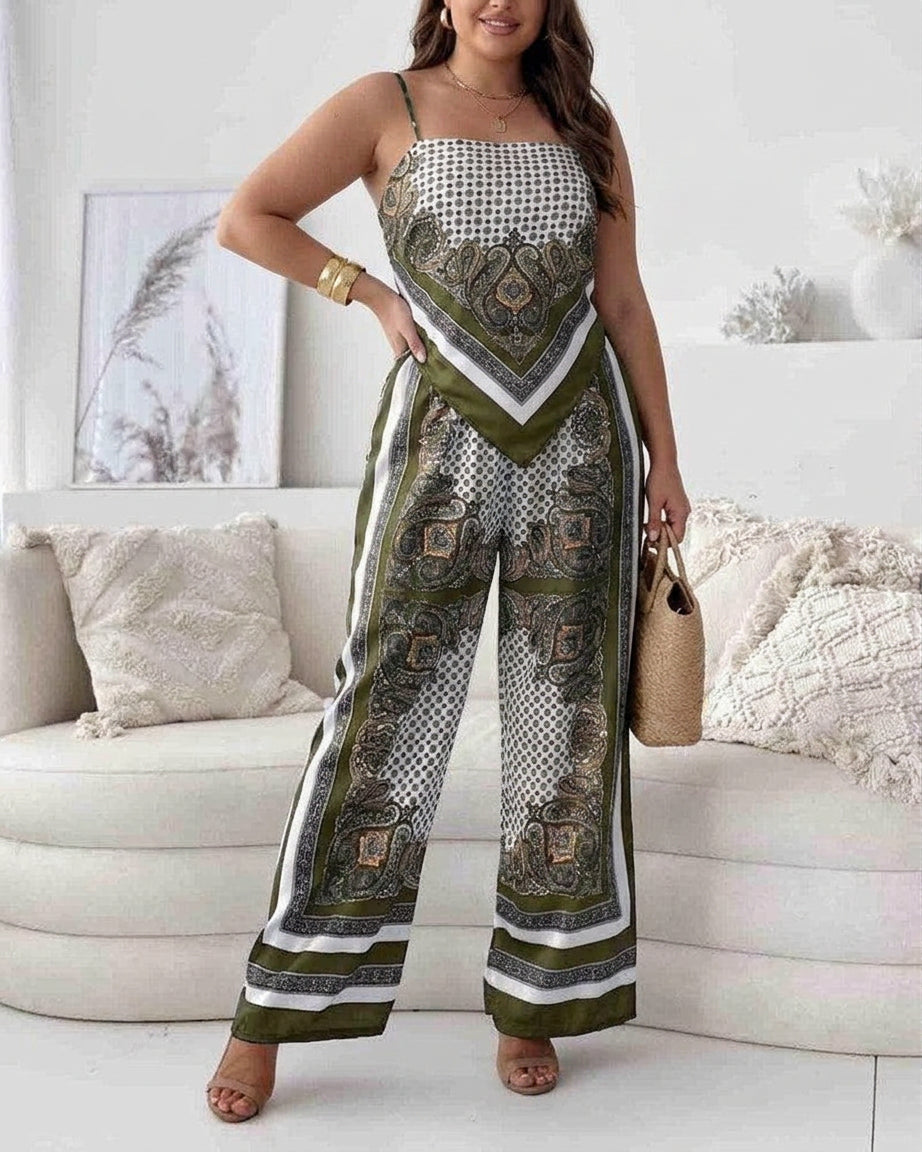 Helen | Vacation Ready Stylish Lace-Up Vest & Pants Two-Piece Set Dress - Plus size model
