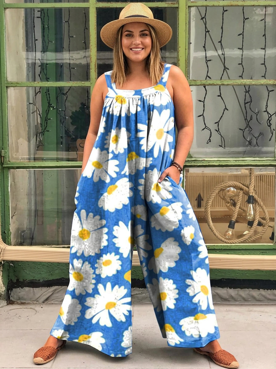Nova - Loose Multicolor Sunny Flower Print Jumpsuit - Plus size model