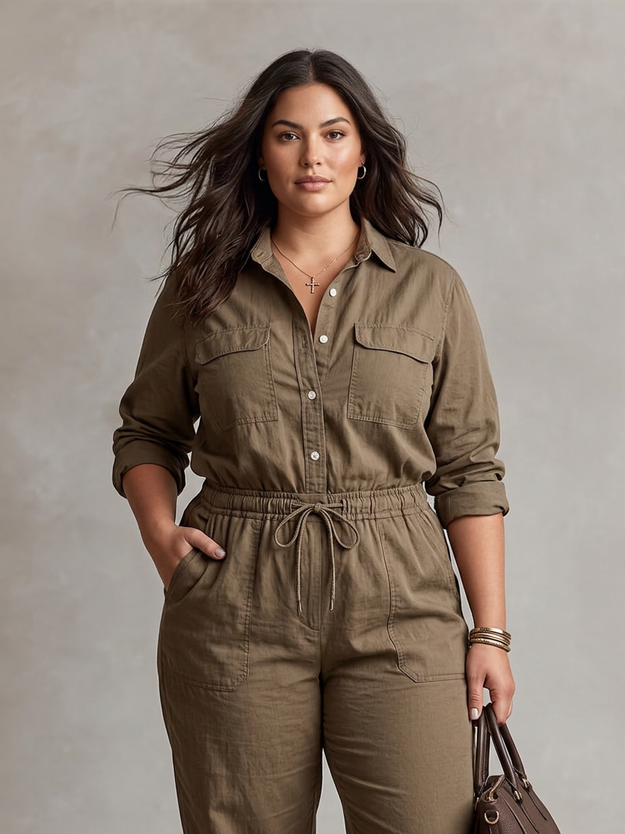 Ashley - Collar Button Jumpsuit - Plus size model